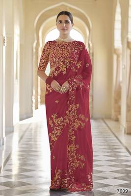 Red embroidered organza saree with blouse 1