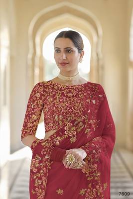 Red embroidered organza saree with blouse 2