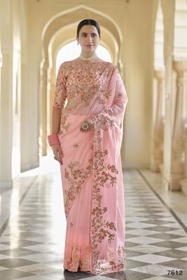 Peach embroidered organza saree with blouse 1