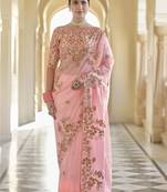 Peach embroidered organza saree with blouse