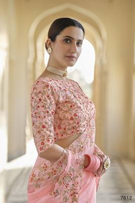 Peach embroidered organza saree with blouse 2