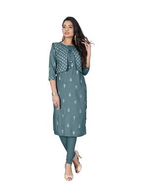Teal printed cotton ethnic-kurtis 1