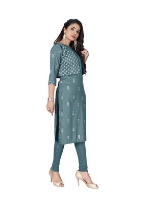 Teal printed cotton ethnic-kurtis 4