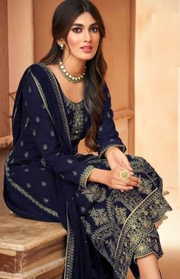 Blue Embroidered Straight Pant Suit Party Wear 2
