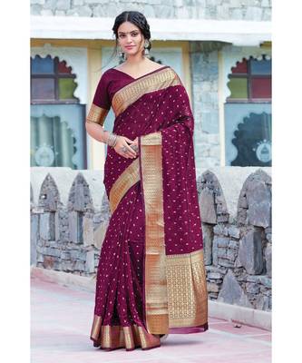 maroon organza woven saree with blouse 1