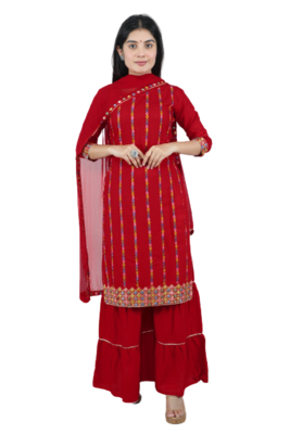 red embroidered rayon sharara kurti set 1