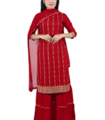 red embroidered rayon sharara kurti set