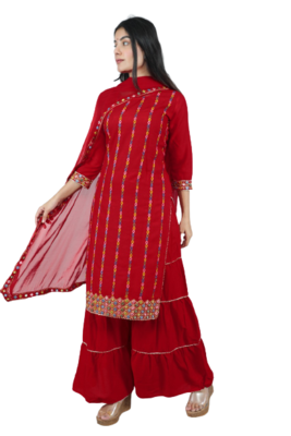 red embroidered rayon sharara kurti set 2