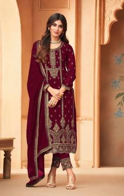 Maroon Embroidered Straight Pant Suit Party Wear 1
