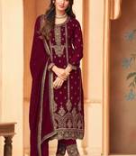 Maroon Embroidered Straight Pant Suit Party Wear