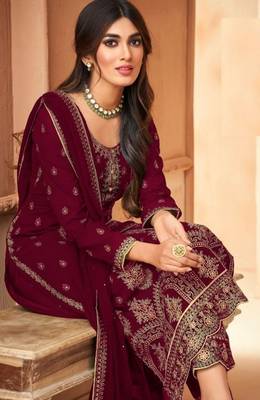 Maroon Embroidered Straight Pant Suit Party Wear 2