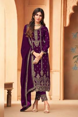 Purple Embroidered Straight Pant Suit Party Wear 1
