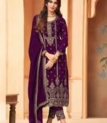 Purple Embroidered Straight Pant Suit Party Wear