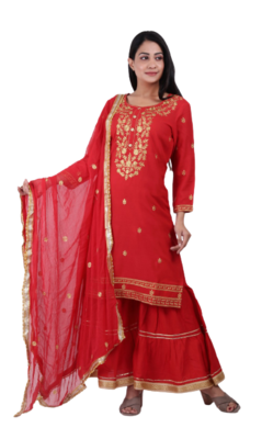 Red Rayon Kurti Sharara With Shiffon Duptta Havi Embroidery. 1