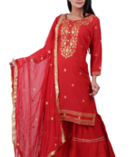 Red Rayon Kurti Sharara With Shiffon Duptta Havi Embroidery.