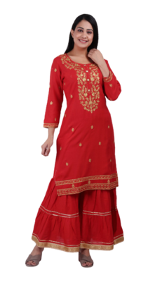 Red Rayon Kurti Sharara With Shiffon Duptta Havi Embroidery. 2