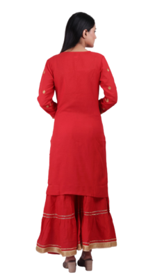 Red Rayon Kurti Sharara With Shiffon Duptta Havi Embroidery. 4