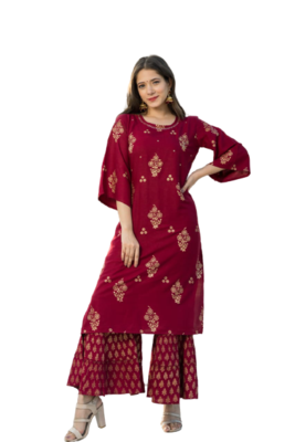 Beautiful Mahroon Rayon Golden Print Kurti With Sharara  1