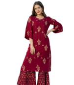 Beautiful Mahroon Rayon Golden Print Kurti With Sharara 