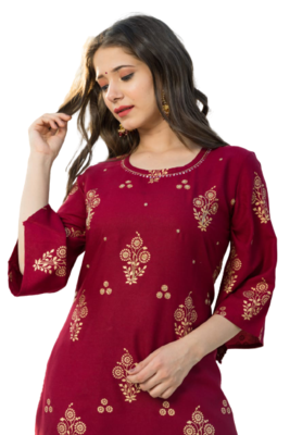Beautiful Mahroon Rayon Golden Print Kurti With Sharara  2