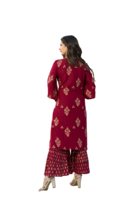 Beautiful Mahroon Rayon Golden Print Kurti With Sharara  3