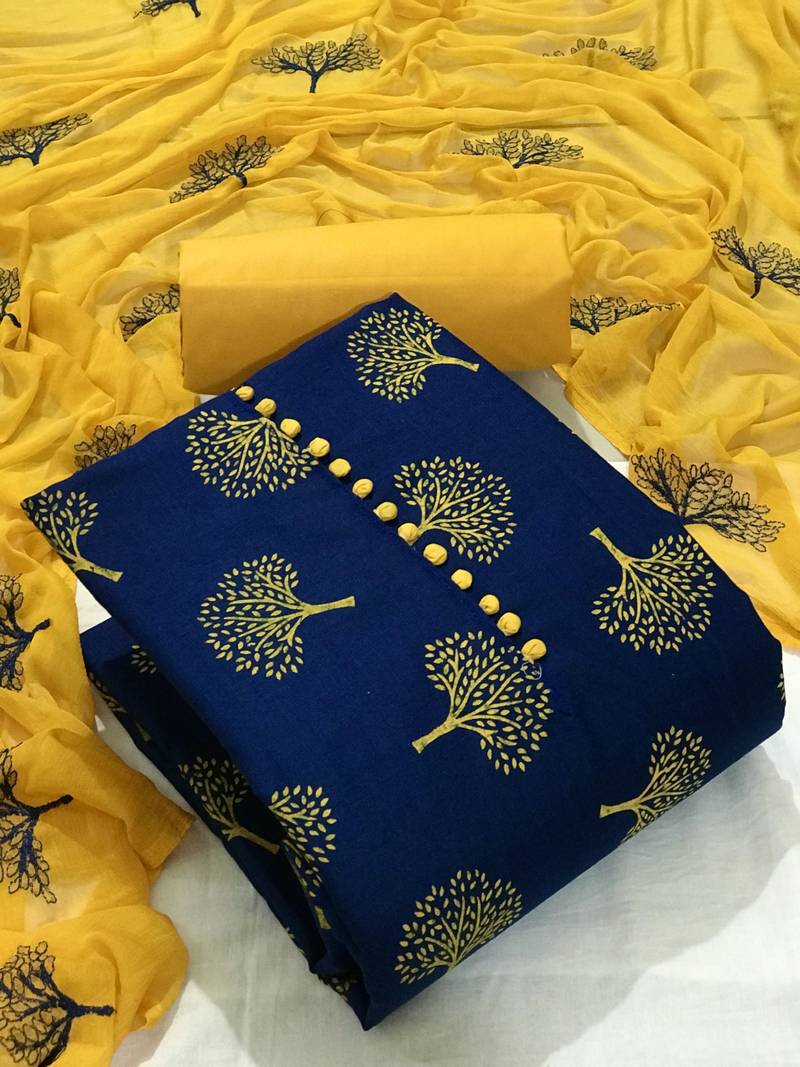 blue cotton slub printed unstiched  Dress Materials