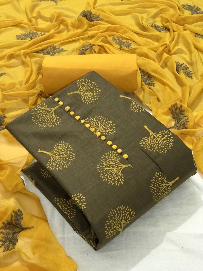 Brown Cotton Printed Salwar Suit Material  (Unstitched)