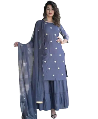 Grey Rayon Embroidery Kurti With Sharara& Chiffon Duptta 1