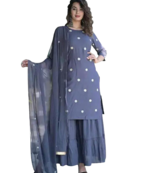Grey Rayon Embroidery Kurti With Sharara& Chiffon Duptta