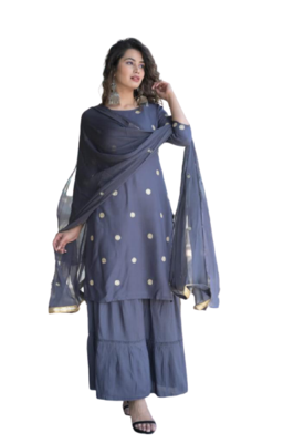 Grey Rayon Embroidery Kurti With Sharara& Chiffon Duptta 2