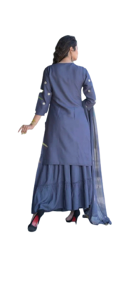 Grey Rayon Embroidery Kurti With Sharara& Chiffon Duptta 3