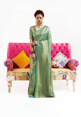 Green woven nylon saree with blouse 1
