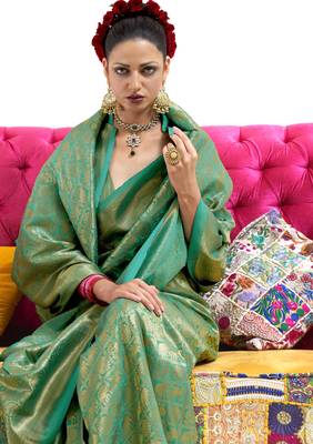 Green woven nylon saree with blouse 2