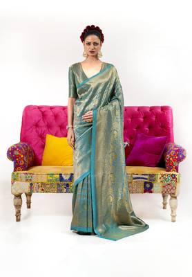 Sea green woven nylon saree with blouse 1