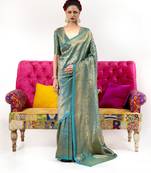 Sea green woven nylon saree with blouse