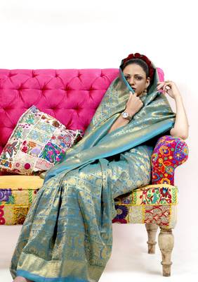 Sea green woven nylon saree with blouse 2
