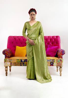 Light green woven nylon saree with blouse 1