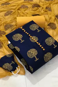 VredeVogel N blue cotton slub printed with button unstiched  Dress Materials With Mask