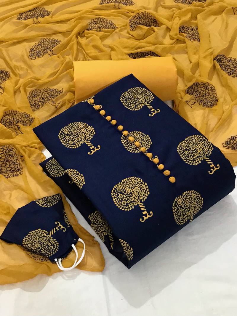 VredeVogel N blue cotton slub printed with button unstiched  Dress Materials With Mask