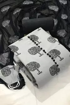 VredeVogel Grey cotton slub printed with button unstiched  Dress Materials With Mask