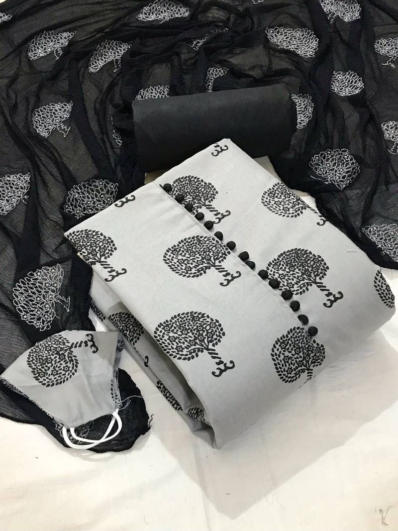 VredeVogel Grey cotton slub printed with button unstiched  Dress Materials With Mask