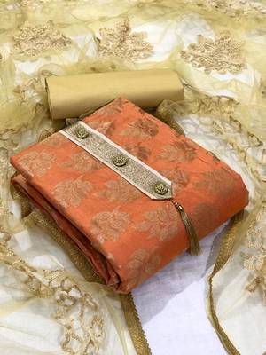 VredeVogel Orange Banarasi Jacquard  unstiched  Dress Materials 1
