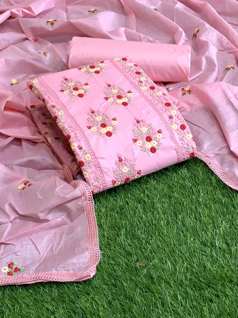 VredeVogel Lightpink cotton Embroidered unstiched  Dress Materials