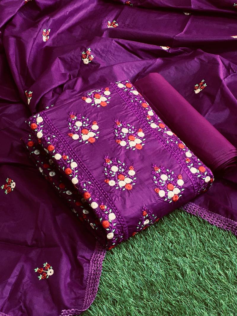 VredeVogel Purple cotton Embroidered unstiched  Dress Materials