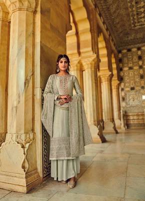 Womans Present Heavy Grey Embroidery Faux Georgette Salwar Suit Dress Material 1