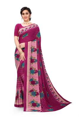 Dark pink printed georgette saree with blouse 1