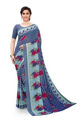 Grey printed georgette saree with blouse 1