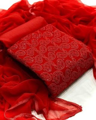 VredeVogel Red cotton Embroidered unstiched  Dress Materials 1
