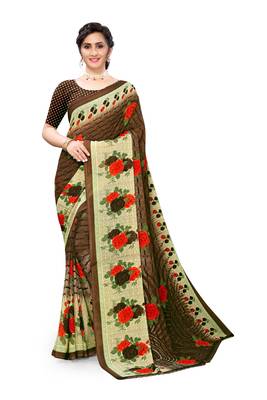 Brown printed georgette saree with blouse 1