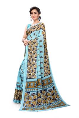 Sky blue printed georgette saree with blouse 5